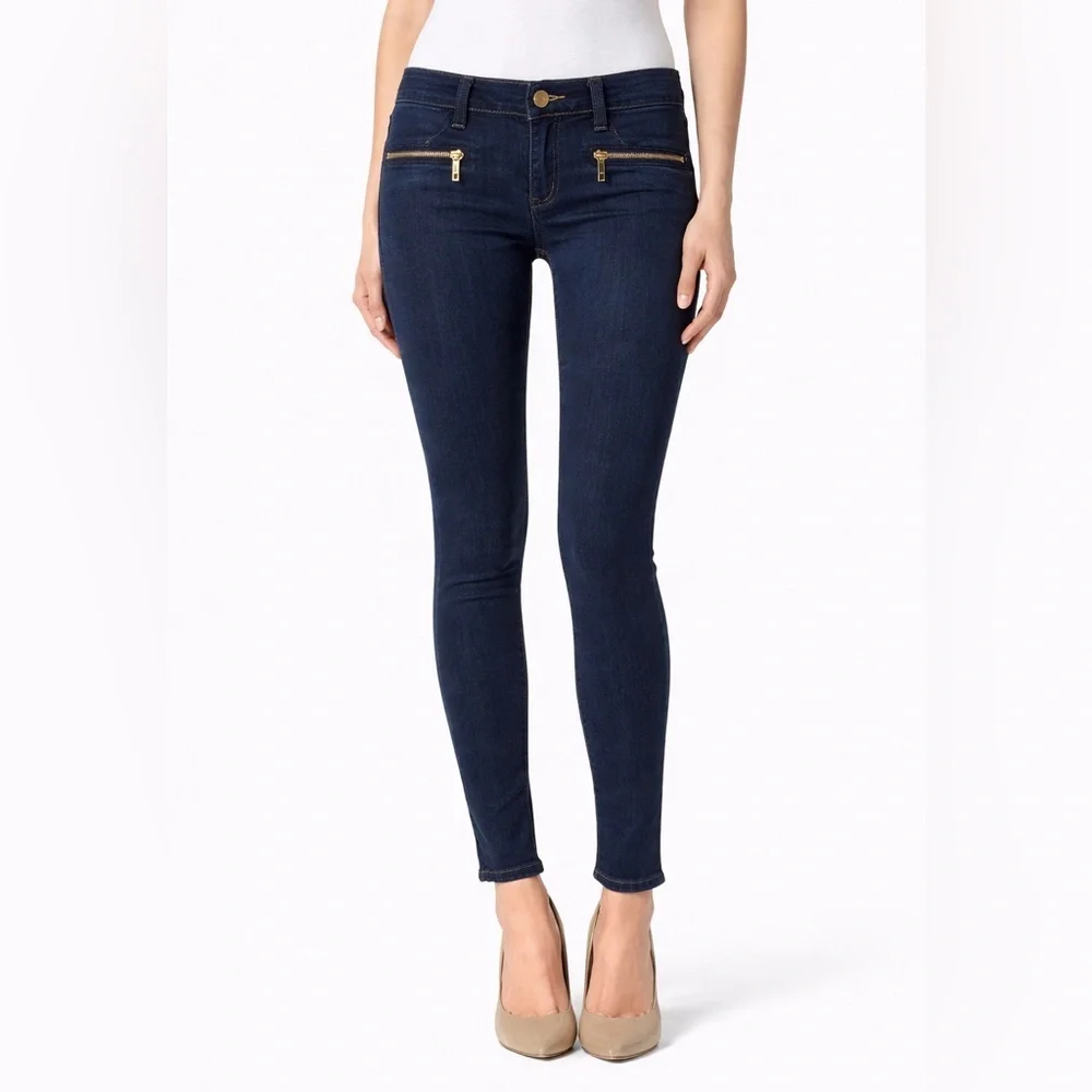 Michael Kors Dark Wash Skinny Jeans Gold Zip Pockets Low Rise Womens 2